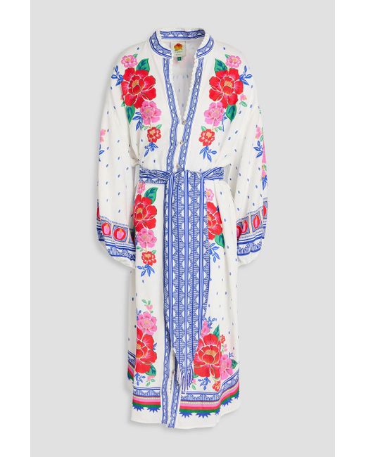 Farm Rio White Kaftan aus einer leinenmischung mit gürtel und floralem print