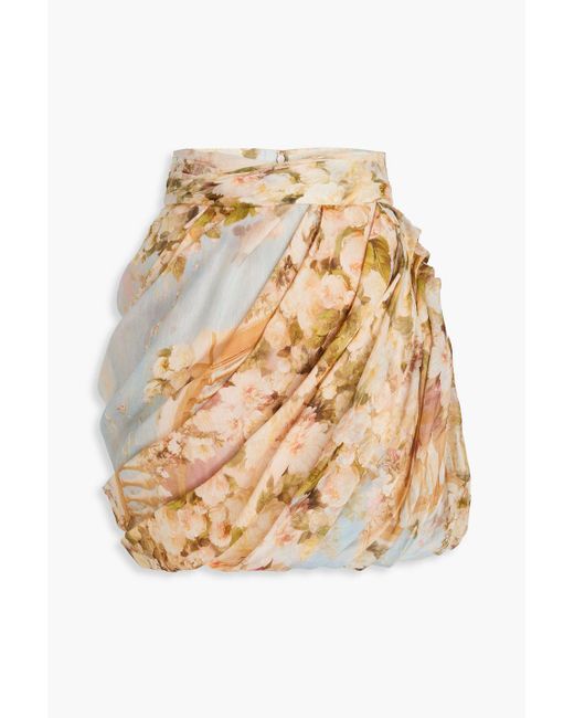Zimmermann Natural Draped Floral-print Linen And Silk-blend Gauze Mini Skirt