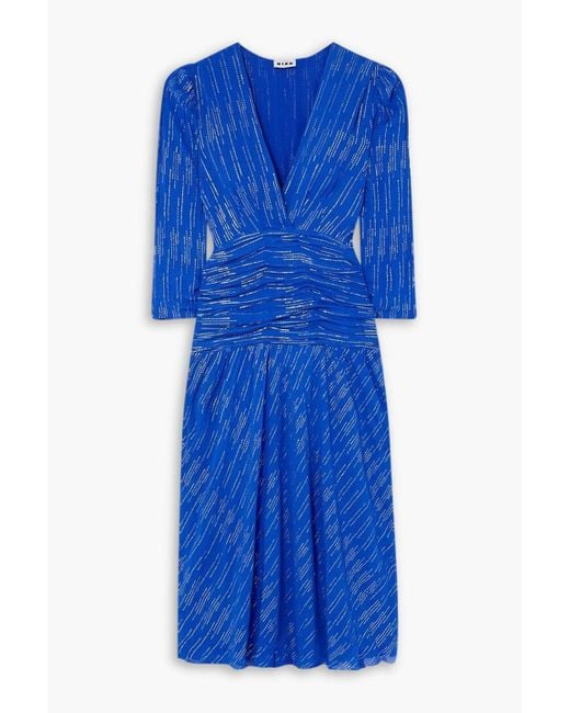 Rixo Blue Racquel Ruched Metallic Jacquard Midi Dress