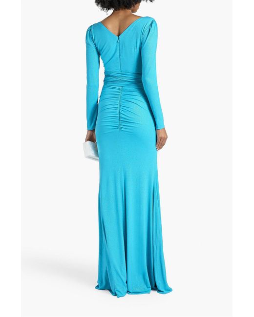 Rhea Costa Blue Ruched Glittered Jersey Gown