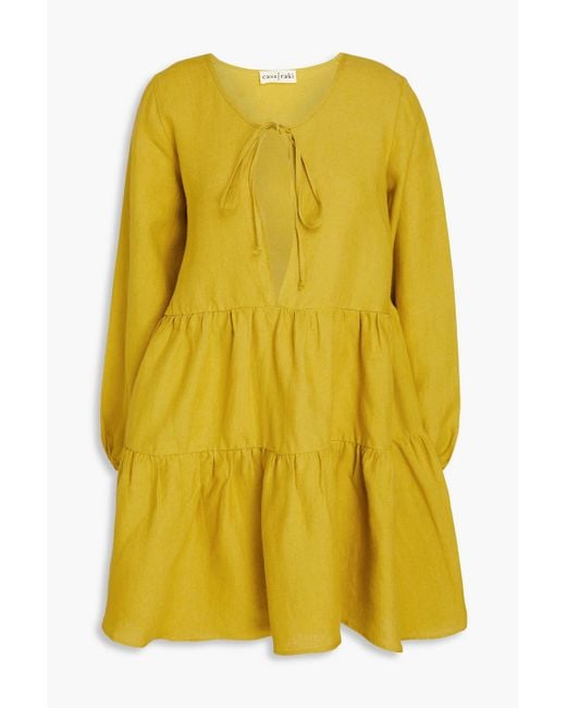 Casa Raki Yellow Matilda Tiered Linen Mini Dress