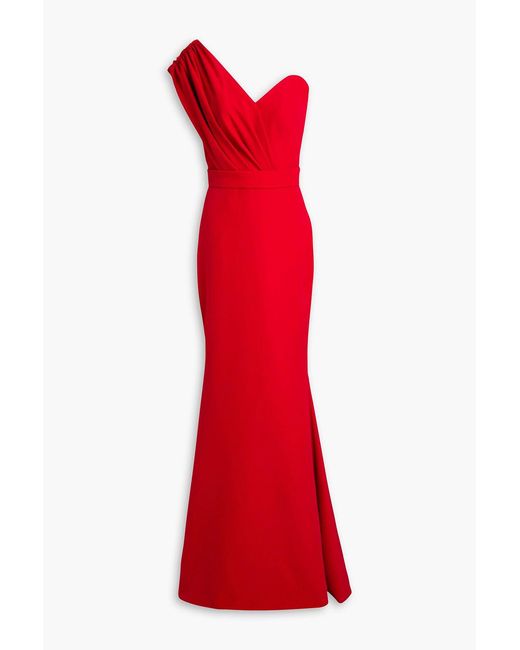 Rhea Costa Red One-shoulder Pleated Crepe Gown