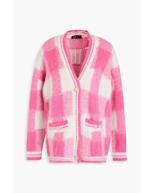 Maje Pink Checked Jacquard-knit Cardigan