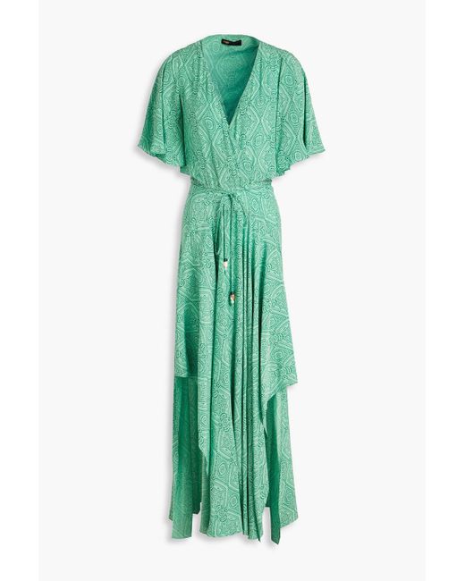 Maje Green Wrap-effect Printed Cupro-blend Maxi Dress