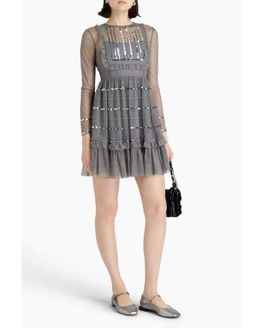 RED Valentino Gray Ruffled Embellished Point D'esprit Mini Dress