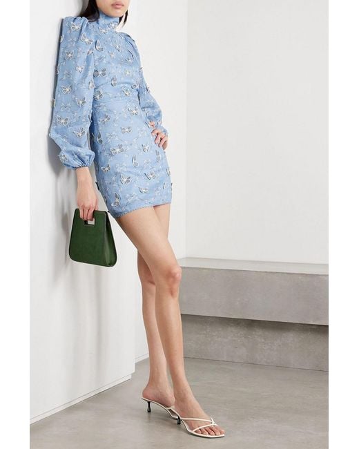 Agua Bendita Blue Guaba Lymanopoda Appliquéd Printed Linen Turtleneck Mini Dress