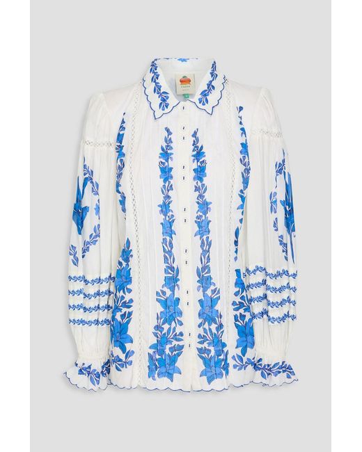 Farm Rio Blue Pintucked Floral-Print Cotton-Gauze Shirt
