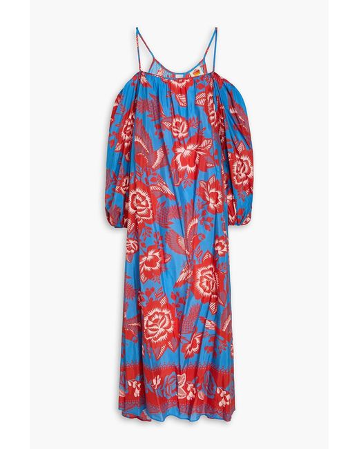 Farm Rio Red Cold-shoulder Floral-print Cotton-blend Maxi Dress