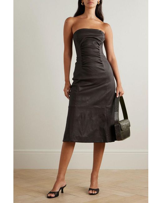 Staud Black Bowery Gathered Leather Midi Dress