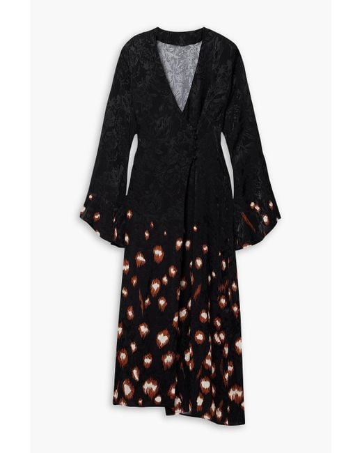 Johanna Ortiz Black Inner Strength Printed Satin-Jacquard Midi Wrap Dress