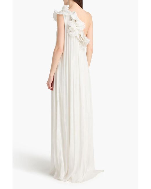 Costarellos White Charmain One-Shoulder Floral-Appliquéd Georgette Gown