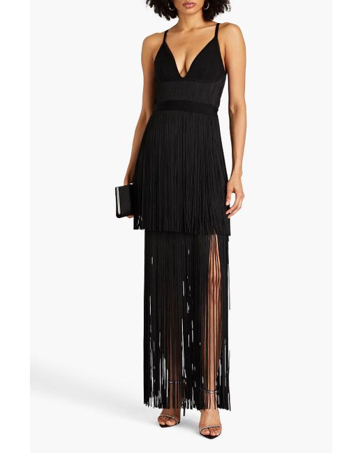 Hervé Léger Black Two Tone Fringe Maxi Dress