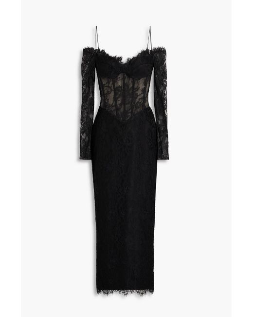 Rasario Black Cold-shoulder Chantilly Lace Midi Dress