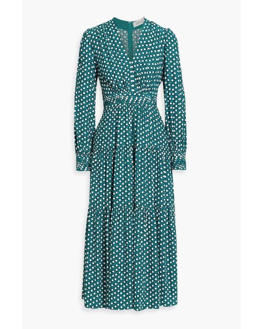Diane von Furstenberg Green Gil Tiered Printed Crepe Midi Dress