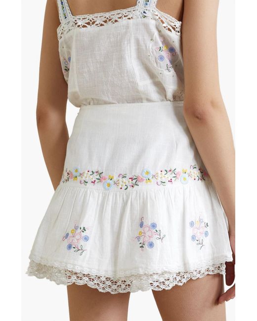 LoveShackFancy White Rhodes Wrap-effect Embroidered Cotton-gauze Mini Skirt