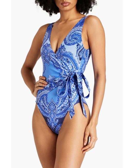 Zimmermann Blue Wrap-effect Paisley-print Swimsuit