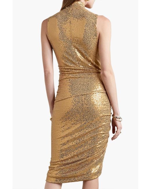 Michael Kors Natural Ruched Sequined Crepe Turtleneck Dress