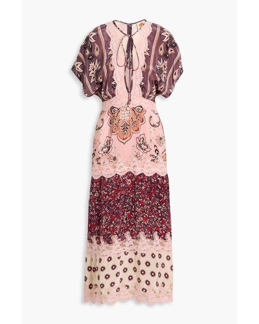 Farm Rio Red Printed Satin And Lace Midi Dress