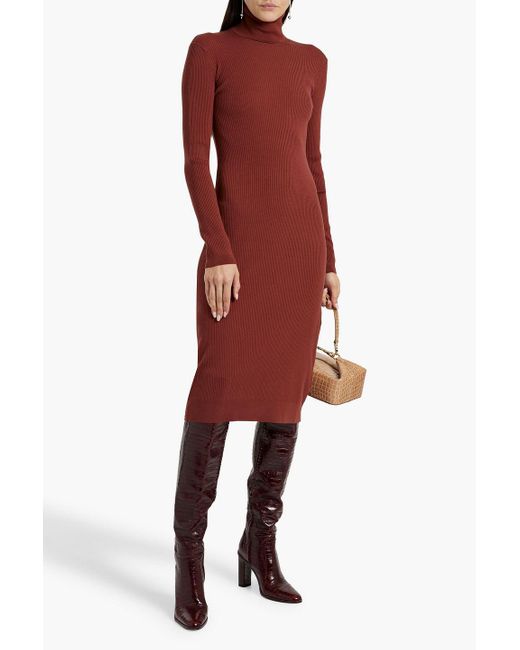Another Tomorrow Red Ribbed Wool-blend Turtleneck Midi Dress