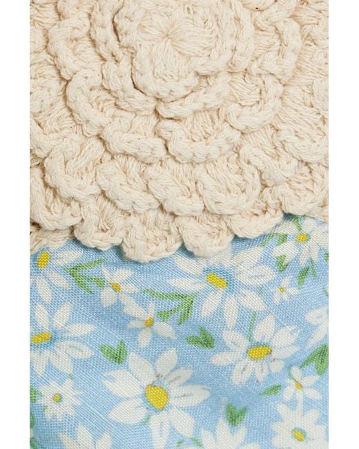 Rixo Blue Sardinia Crochet-paneled Floral-print Linen-blend Midi Dress