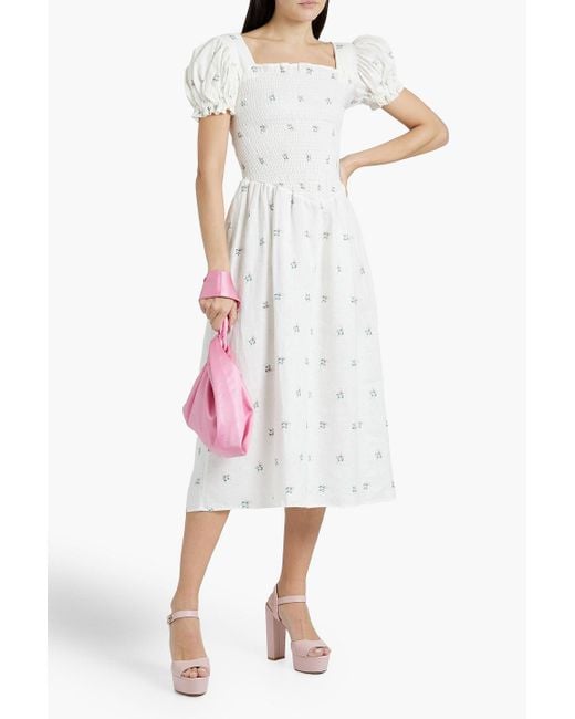 Sleeper White Belle Shirred Floral-print Linen Midi Dress