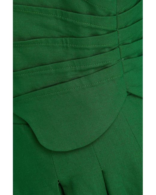 Farm Rio Green One-shoulder Pleated Linen-blend Mini Dress
