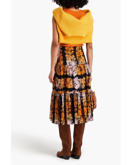 Sandro Orange Gathered Floral-print Cotton-blend Seersucker Midi Skirt