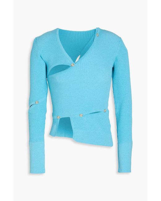 Jacquemus Blue Tordu Button-Embellished Cutout Ribbed-Knit Top