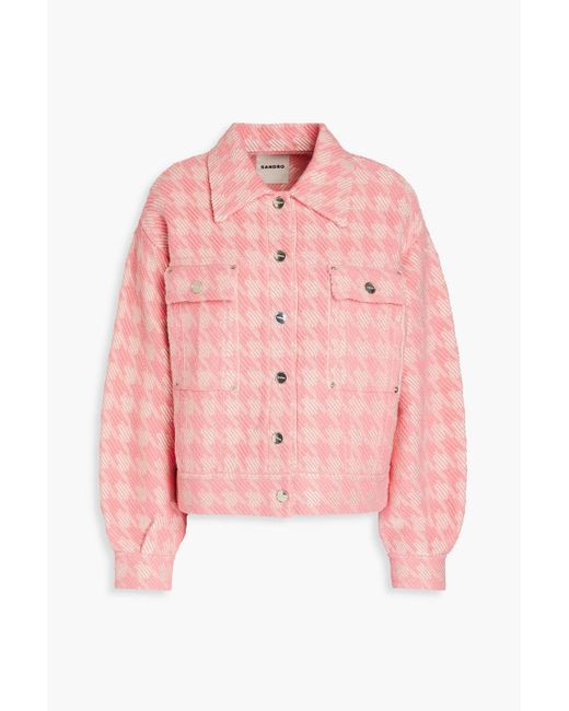 Sandro Pink Houndstooth Cotton-blend Tweed Jacket