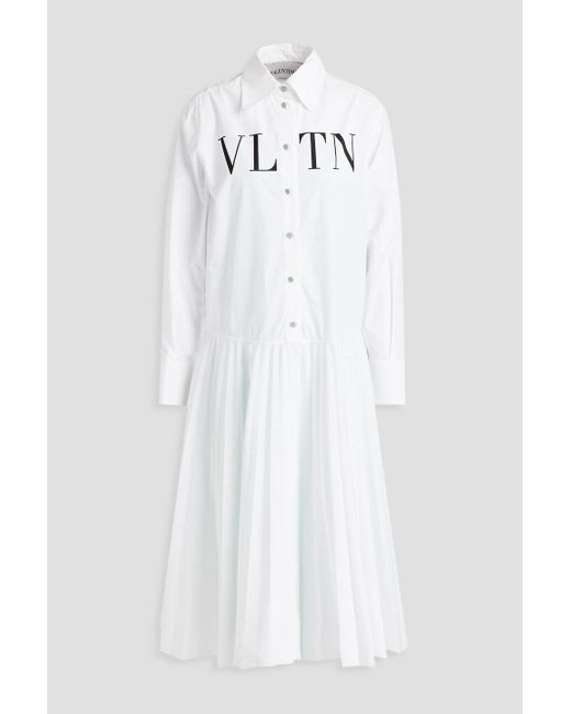 Valentino Garavani White Pleated Logo-print Cotton-poplin Midi Shirt Dress