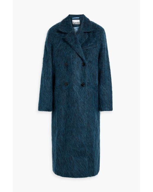 Ganni Blue Double-breasted Brushed Wool-blend Coat