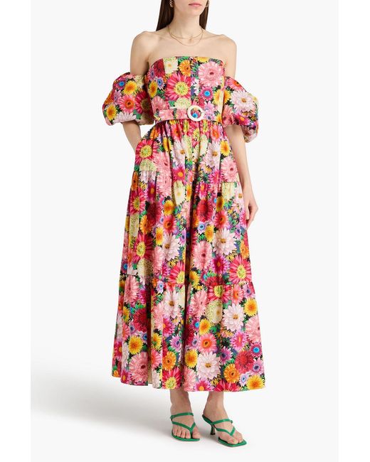 Borgo De Nor Red Julia Off-The-Shoulder Floral-Print Cotton-Sateen Maxi Dress
