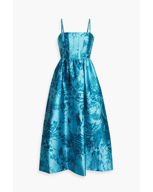 ML Monique Lhuillier Blue Pleated Printed Faille Midi Dress