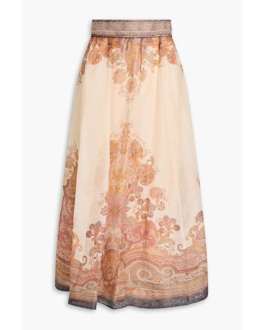 Zimmermann Natural Printed Linen And Silk-blend Organza Midi Skirt
