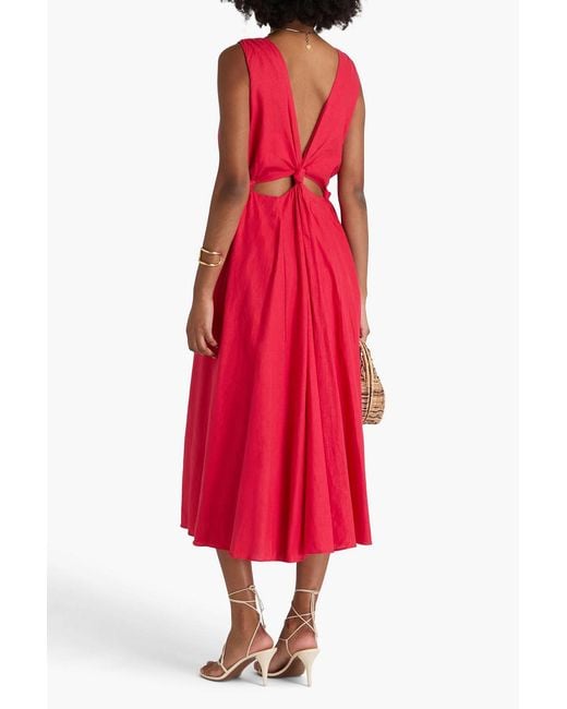 Farm Rio Red Knotted Cutout Linen-blend Midi Dress