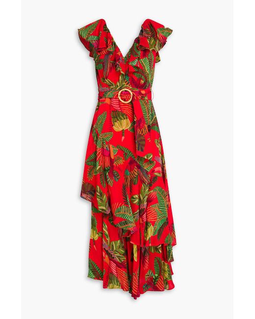 Farm Rio Red Belted Ruffled Printed Crepe Midi Dress