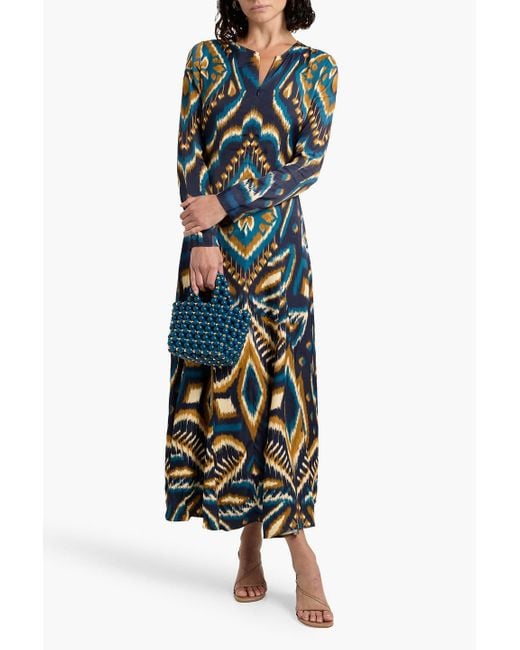 Farm Rio Blue Long Sleeve Satin Maxi Dress, Pineapple Ikat