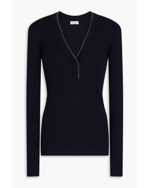 Brunello Cucinelli Blue Bead-embellished Wool-jersey Top