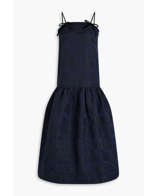 Ganni Blue Gathered Floral-Jacquard Midi Dress
