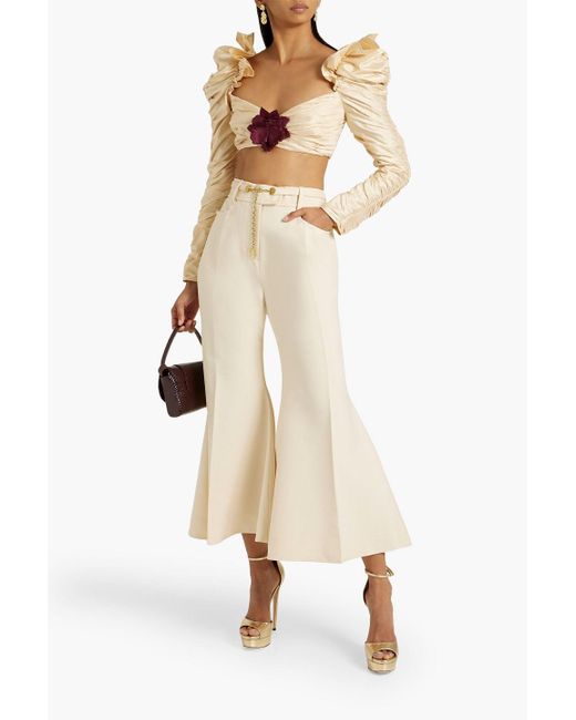 Zimmermann White Cropped Ruched Silk-shantung Top