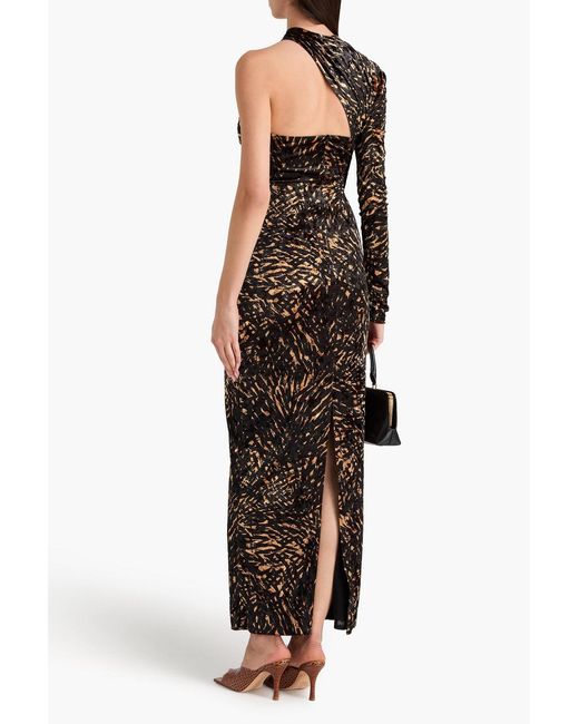 Nanushka Black One-sleeve Cutout Printed Crushed-velvet Maxi Dress