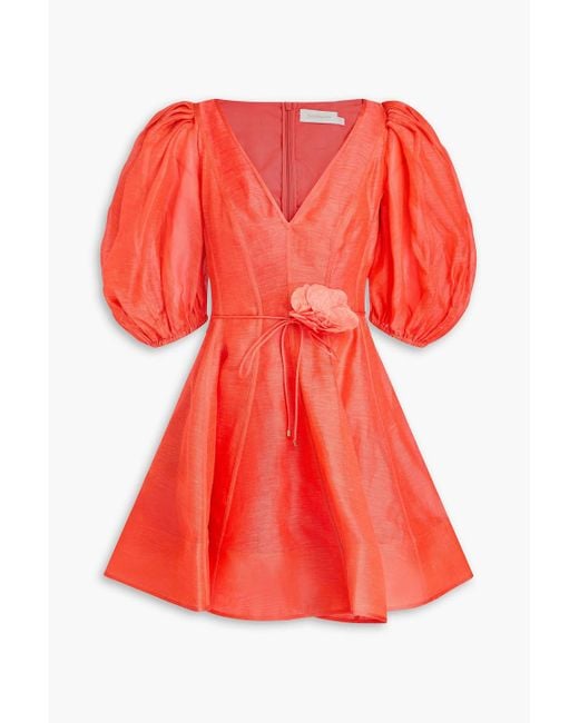 Zimmermann Red Minikleid aus einer leinen-seidenmischung mit floralen applikationen