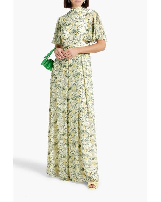 Mikael Aghal White Pleated Floral-print Chiffon Maxi Dress