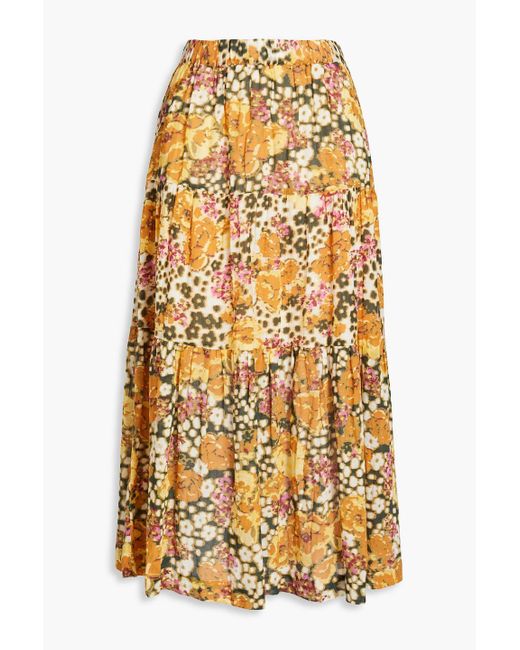 Ba&sh Diary Tiered Floralprint Cottongauze Midi Skirt in Yellow Lyst