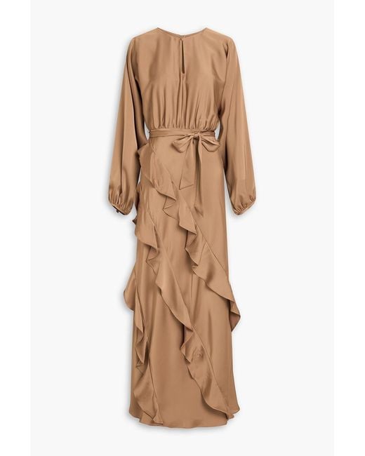 Mikael Aghal Natural Ruffled Satin Maxi Dress
