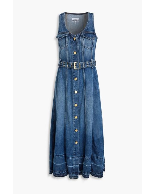 Ganni Blue Belted Denim Midi Dress