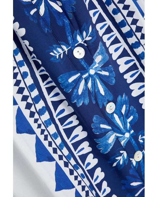 Farm Rio Blue Off-The-Shoulder Printed Cotton-Poplin Top