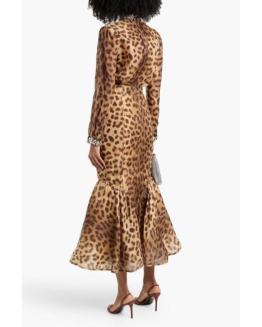 Zimmermann Natural Fluted Leopard-Print Linen And Silk-Blend Gauze Midi Skirt
