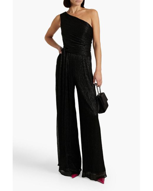 Halston Heritage Black Romee One-shoulder Metallic Crinkled Jersey Wide-leg Jumpsuit