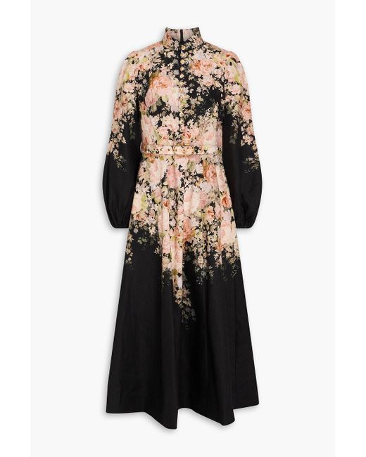 Zimmermann Black Belted Floral-print Linen Midi Dress